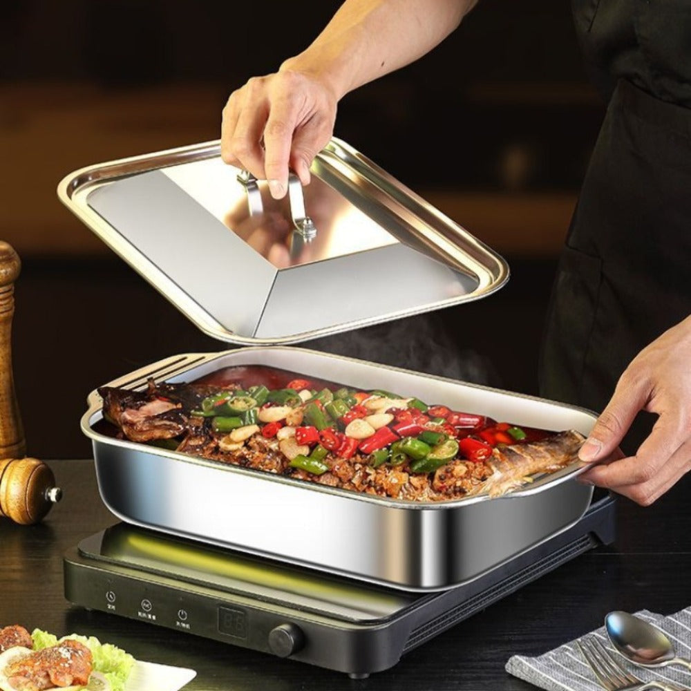 Stainless Steel Baking Trays with Lids ¨C Large Capacity Sheet Pan Set for BBQ, Bread, Desserts, Seafood & Buffets | Family Gatherings, Outdoor Camping, Portable Food Trays