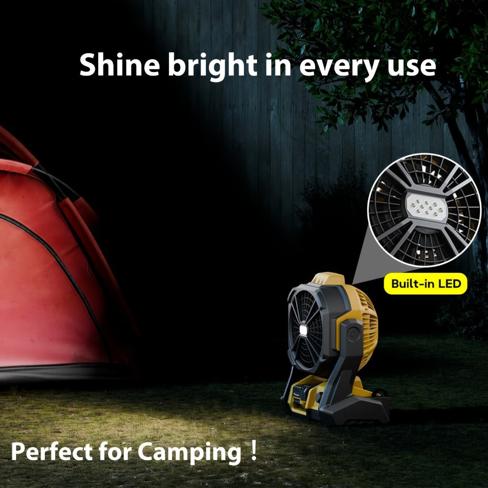 Cordless Jobsite Fan Compatible with DeWalt 20V Max Battery, LED Light Auto Oscillating 180¡ã Tilt Adjustable Speed, Portable Battery Powered Fan with Hanging Hook for Camping, Garage and RV