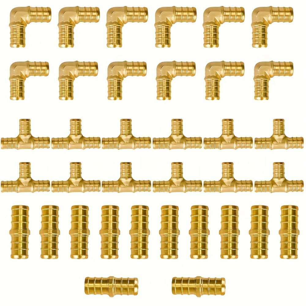 PEX Fittings Set 33pcs 1/2 Inch - Lead-Free Brass Crimp PEX B Fittings, 11 Each Elbow Tee Coupling, ASTM F1807 NSF/ANSI 61 Certified, Corrosion Resistant for Hot Cold Water Plumbing
