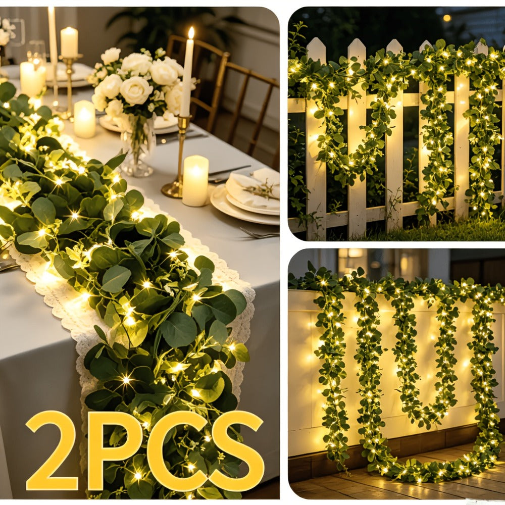 Lighted Eucalyptus Wreath Garland 6FT LED 2 Pack - Artificial Green Vine with Warm Lights for Wedding Centerpiece, Table Runner, Backdrop, Home & Seasonal Decor