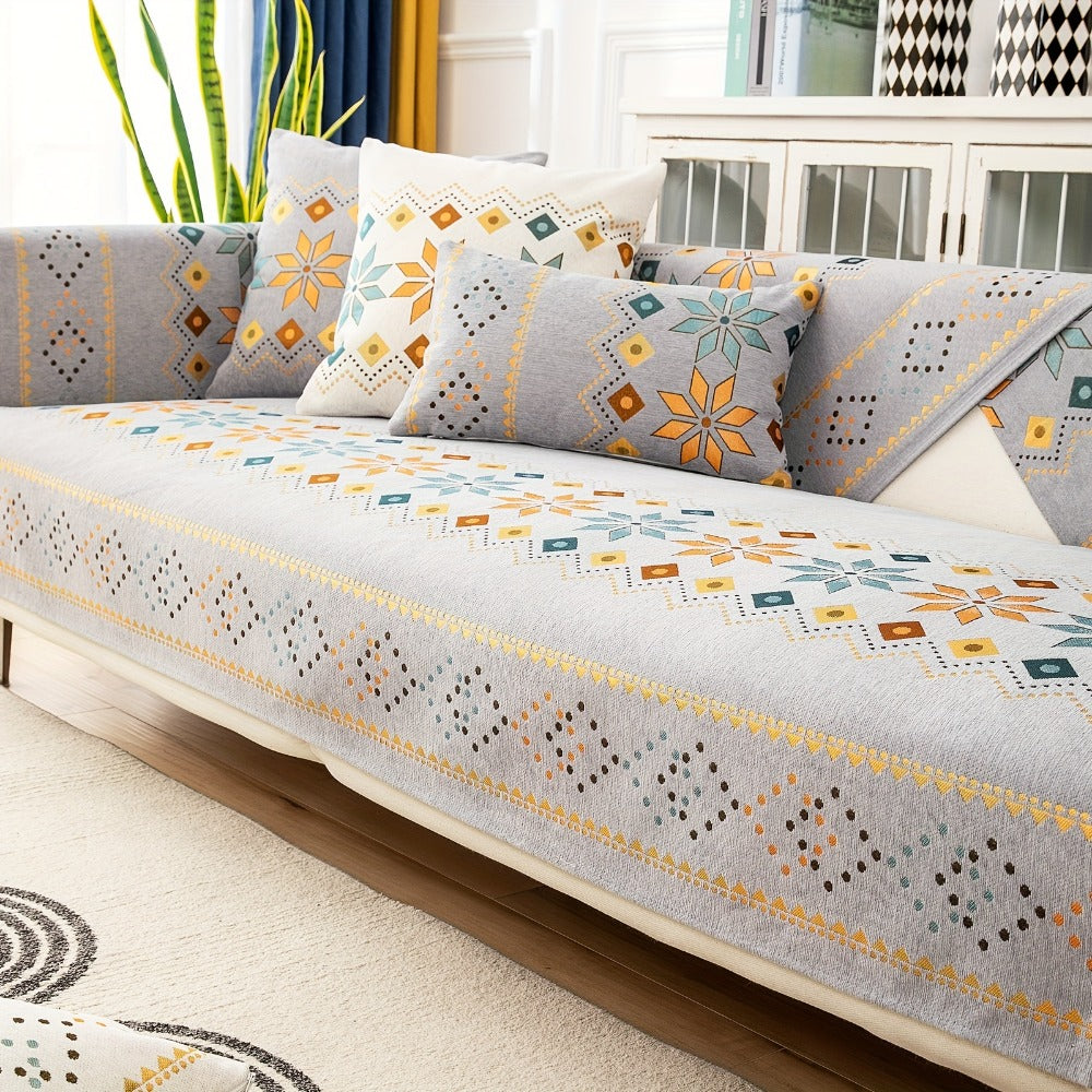 Bohemian Chenille Sofa Cover | Geometric Print Non-Slip Couch Slipcover, Thick Plush Boho Style, 1 to 4 Seat, Armrest & Backrest, Machine Washable, Sectional Sofa Protector