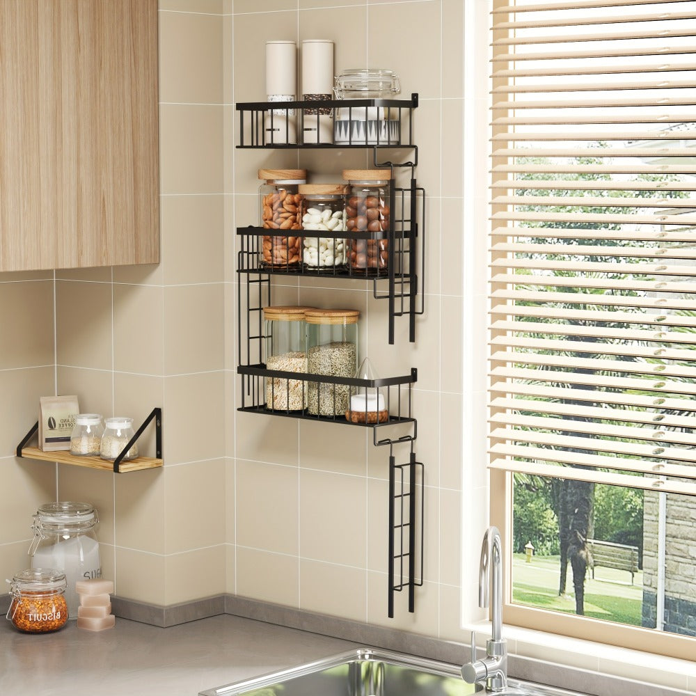 Floating Wall Shelf 3 Tier Black Metal Ladder Shelf - Fire Escape Decorative Wall Shelves for Bedroom, Bathroom, Home Office Storage and Display, Room Decor, Wall Art Shelf