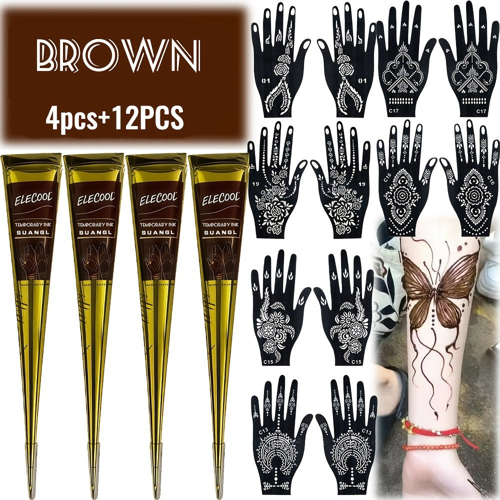 Temporary Semi-Permanent Tattoo Paste Kit - Waterproof Body Art Gel in Brown & Black with Tattoo Templates, Safe Non-Irritating Henna-Style Ink for Parties, Festivals, Cosplay & Daily Decoration