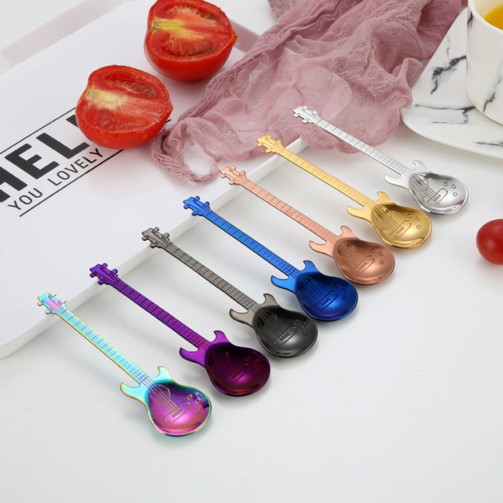 Guitar Shaped Spoons Set of 6 304 Stainless Steel Creative Teaspoons for Coffee Milk Tea Ice Cream Dessert - Colorful Novelty Cutlery Gift Set 7 Random Colors