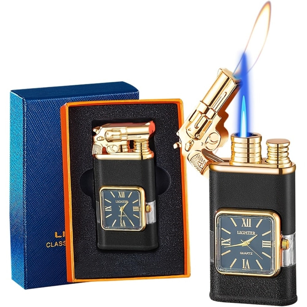 Double Flame Windproof Lighter Creative Retro Metal Lighter Dragon Eagle Gun Shape Quartz Dial Portable Outdoor Lighter Men Gift Box Butane Gas Not Included