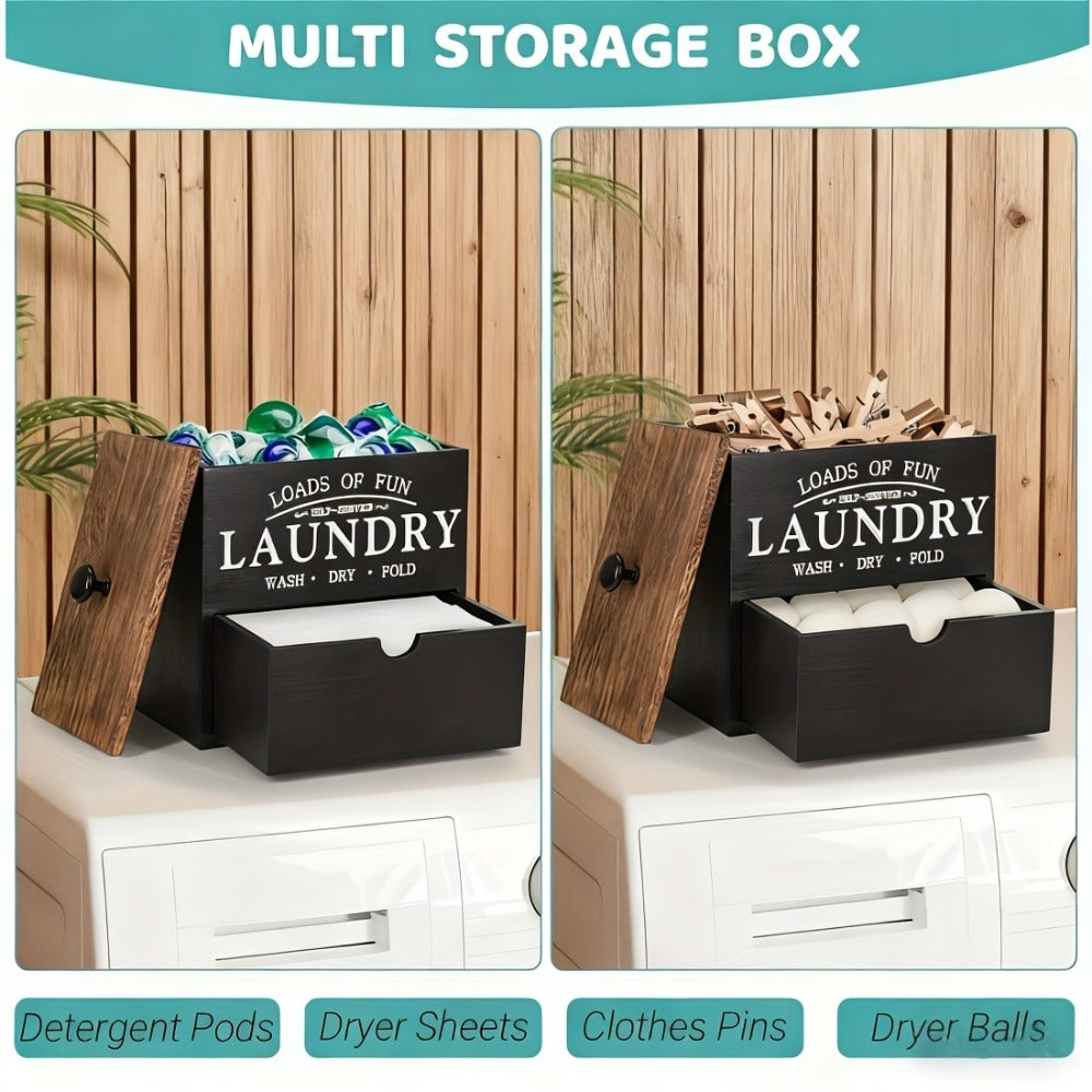 Dryer Sheet Holder with Drawer & Lid | Farmhouse Wood Laundry Pod Dispenser | Wall Mount or Countertop Organizer for Laundry Room Storage, Black & White