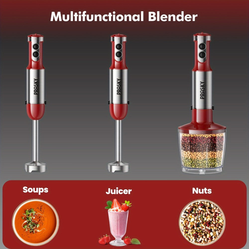 Immersion Blender 5-in-1 Handheld Mixer | Heavy Duty Motor | Whisk Meat Chopper Measuring Cup Attachments | Stick Blender for Soups Smoothies Sauces | Kitchen Hand Blender Red Black