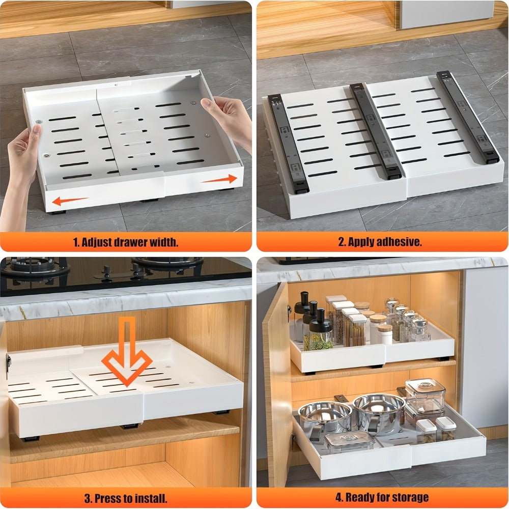 Expandable Pull-Out Cabinet Organizer Under Sink Storage Drawer Rack 2-Pack Adjustable Kitchen Shelf Organizer for Pots Pans Spices