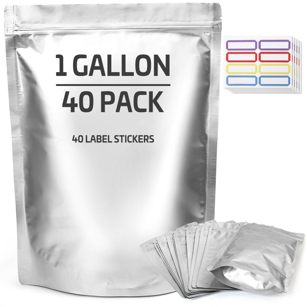 Mylar Bags for Food Storage 1 Gallon 10 Mil Thick ¨C Resealable Zipper & Heat Seal, 40pcs or 100pcs with Label Stickers | Long-Term Food Storage Bags for Dry Goods, Prepping & Pantry Organization