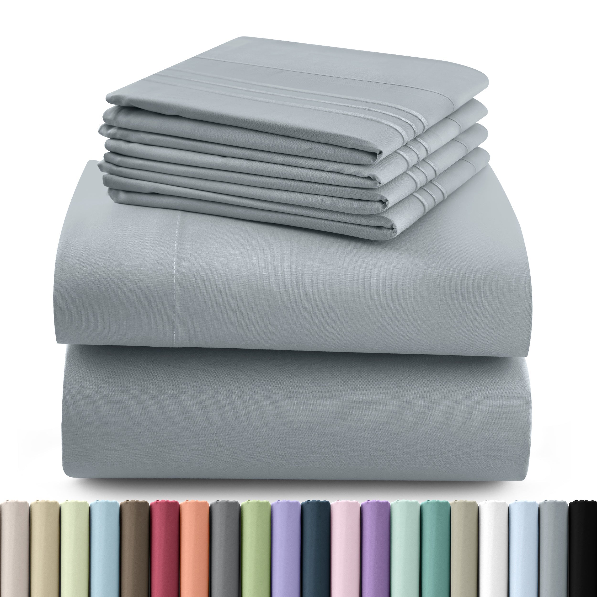 Fitted Sheet Set 6-Piece Brushed Polyester Deep Pocket Bed Sheets 20 Colors Hotel Luxury Soft Bedding with Embroidered Pillowcases
