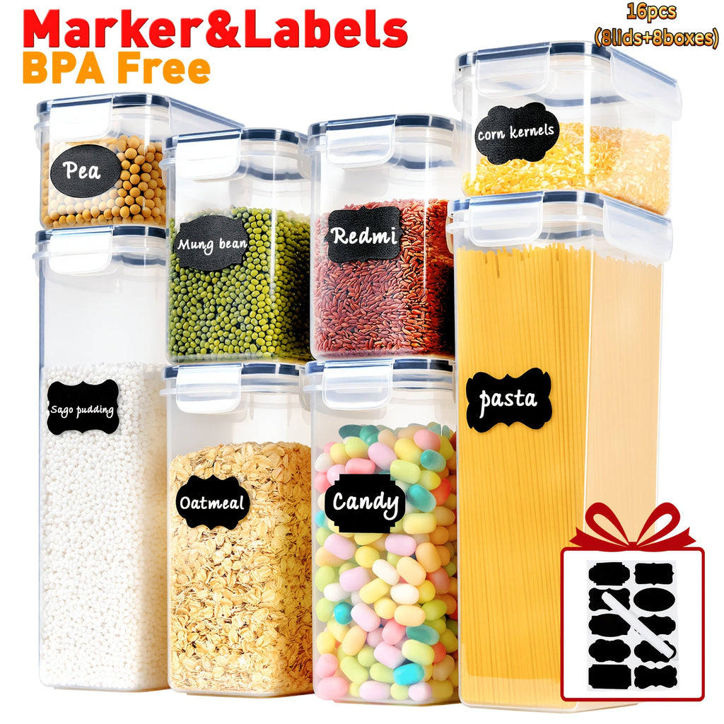 Airtight Food Storage Containers with Lids, BPA Free Leakproof Stackable Kitchen Organizer Set for Grain Nuts Cereal Pasta Dog Cat Food, with Labels & Marker