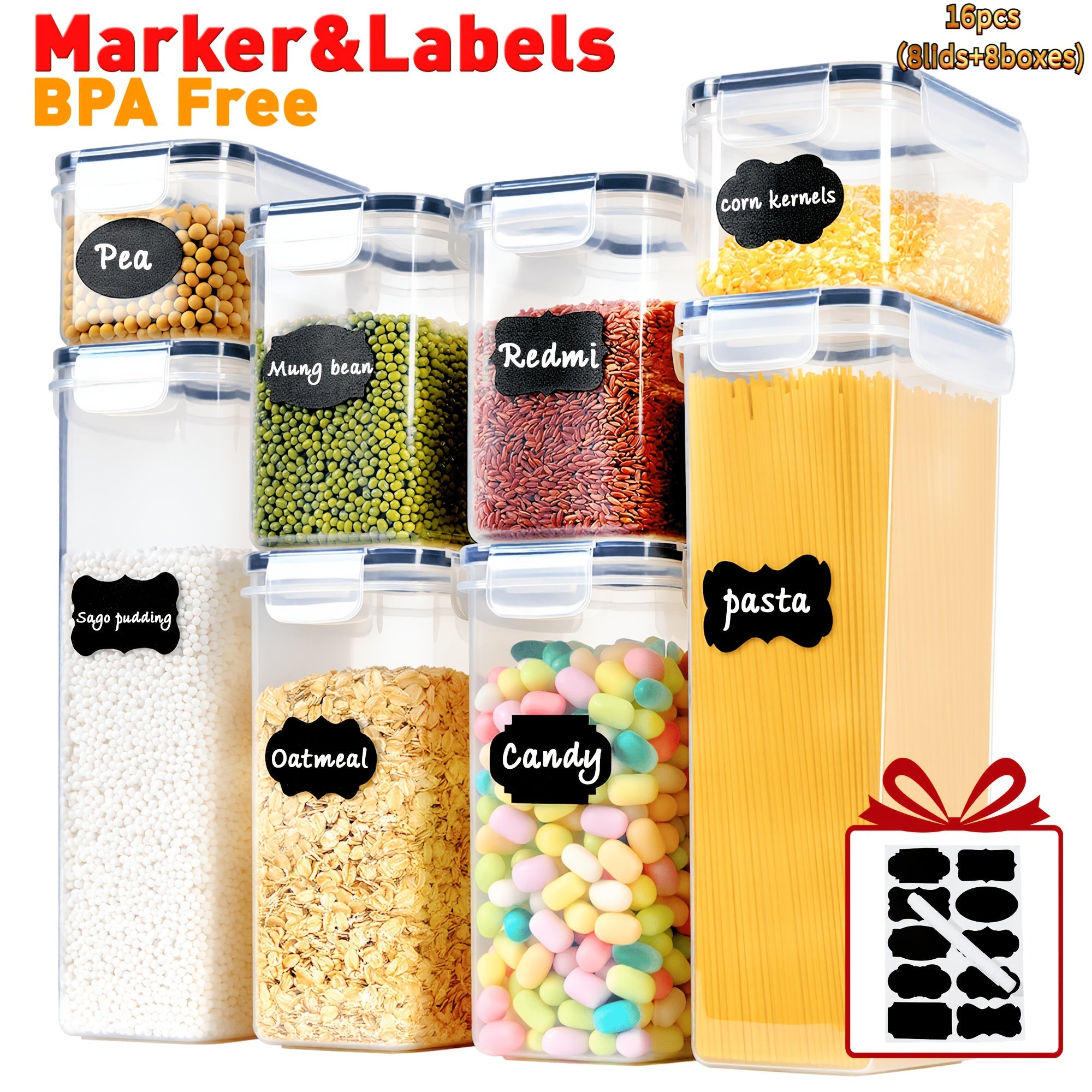 Airtight Food Storage Containers with Lids, BPA Free Leakproof Stackable Kitchen Organizer Set for Grain Nuts Cereal Pasta Dog Cat Food, with Labels & Marker