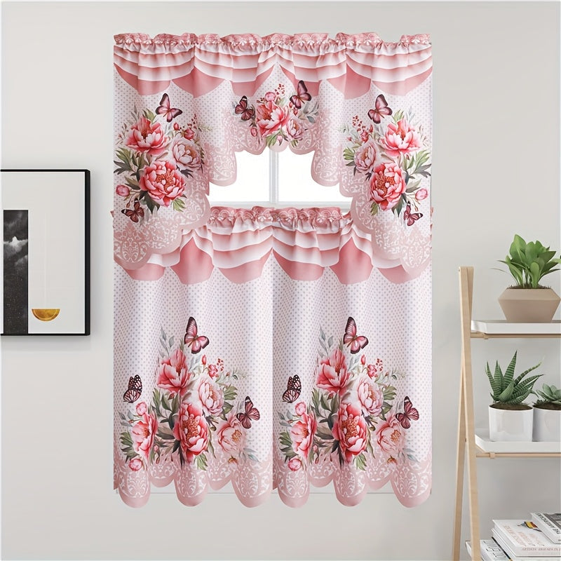 Blackout Kitchen Curtains 3-Piece Set with Butterfly Floral Print - Rod Pocket Window Curtains for Kitchen, Living Room, Bedroom, Bathroom & Restaurant, Polyester Fabric, Machine Washable