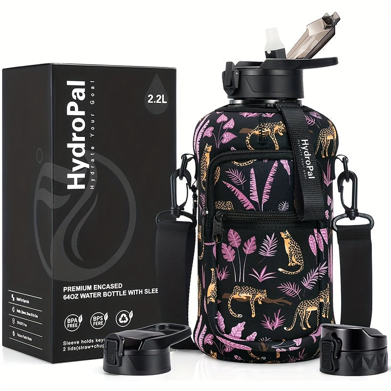 Half Gallon Water Bottle 74oz with Storage Sleeve & 2 Lids - Large Sports Water Jug for Gym, BPA-Free, Straw & Chug Lid, Time Marker, Shoulder Strap & Handle, Motivational Hydration Bottle