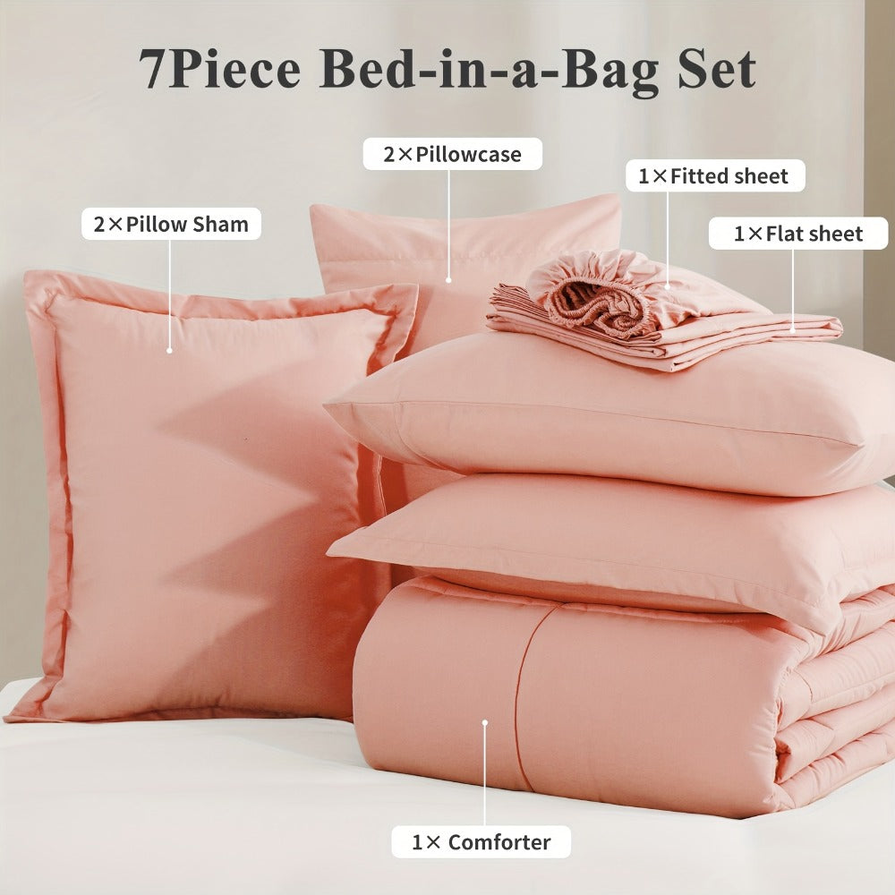7 Piece Comforter Set Luxury Soft Fluffy Bedding All Season Bed in a Bag with Comforter Fitted Sheet Flat Sheet Pillowcases Hypoallergenic Breathable Easy Care Queen King Twin XL Full
