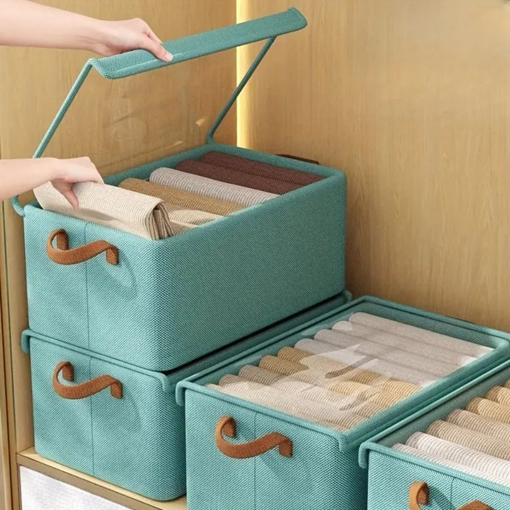 Foldable Clothes Storage Box with Transparent Lid 6-Pack, Stackable Wardrobe Organizer Bins with Steel Frame & Handles, Collapsible Fabric Closet Storage Boxes for Clothing Blankets Sundries, Green Beige Gray