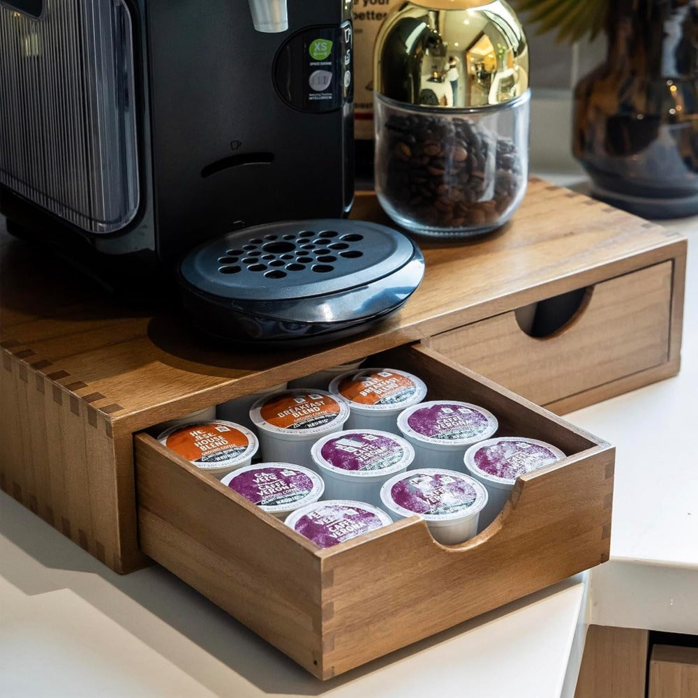Coffee Machine Stand with K-Cup Storage Rack ¨C Wooden Countertop Coffee & Tea Organizer with Drawer, Holds 30 Boxes of K-Cups or Tea Bags, Coffee Bar Station Organizer for Home & Office ¨C Wood Color