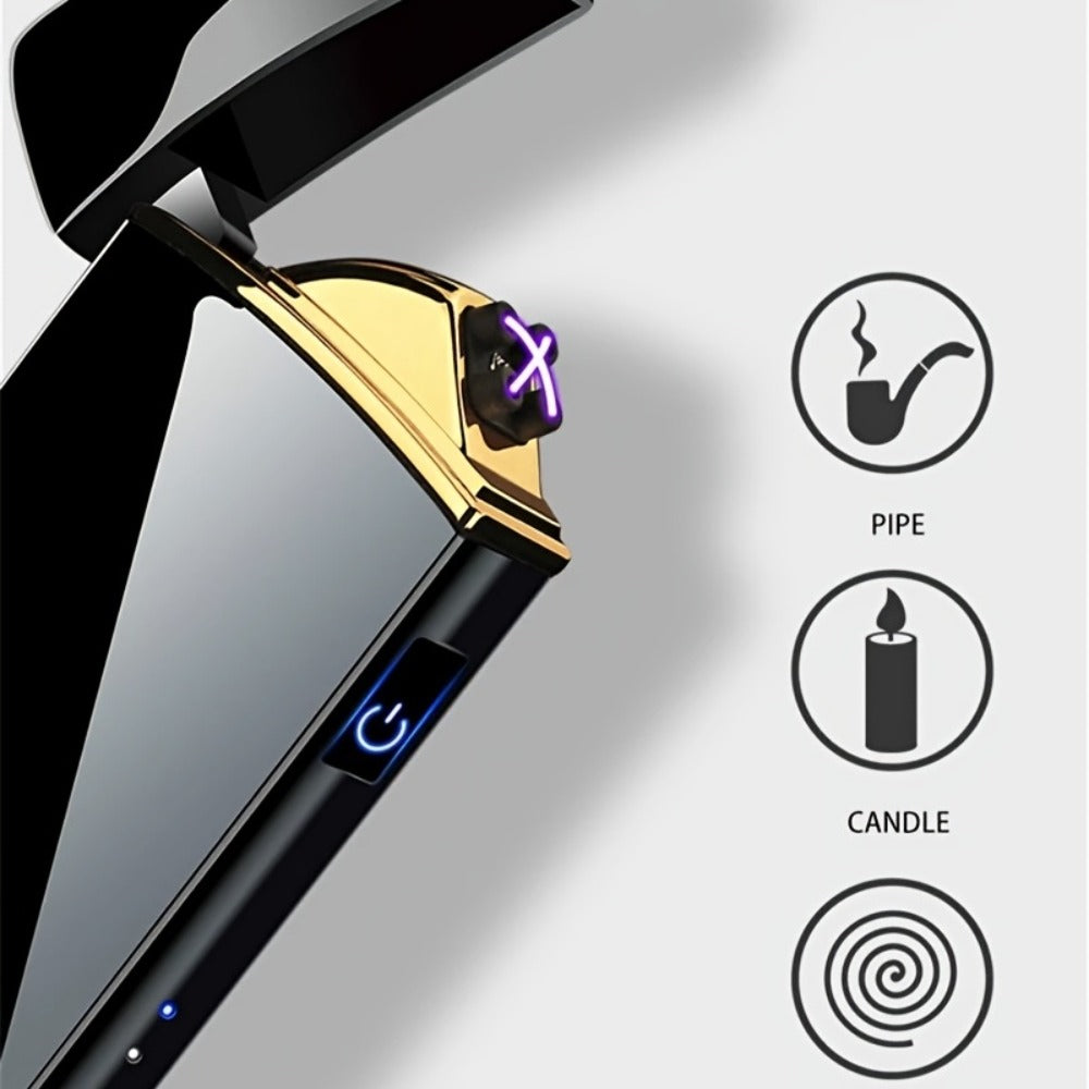 Electric Plasma Lighter USB Rechargeable ¨C Windproof Dual Arc, LED Power Display, Touch Induction | Compact Metal Design for Outdoor Camping, Hiking & Survival | 2 Colors & 6 Styles