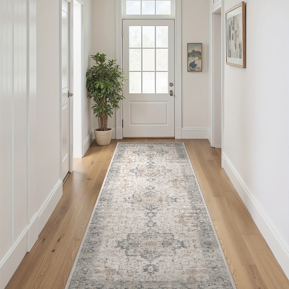 Runner Rug Machine Washable Non-Slip Vintage Hallway Area Rug Low Pile Lightweight Boho Floral for Entryway Kitchen Corridor Light Taupe Brown
