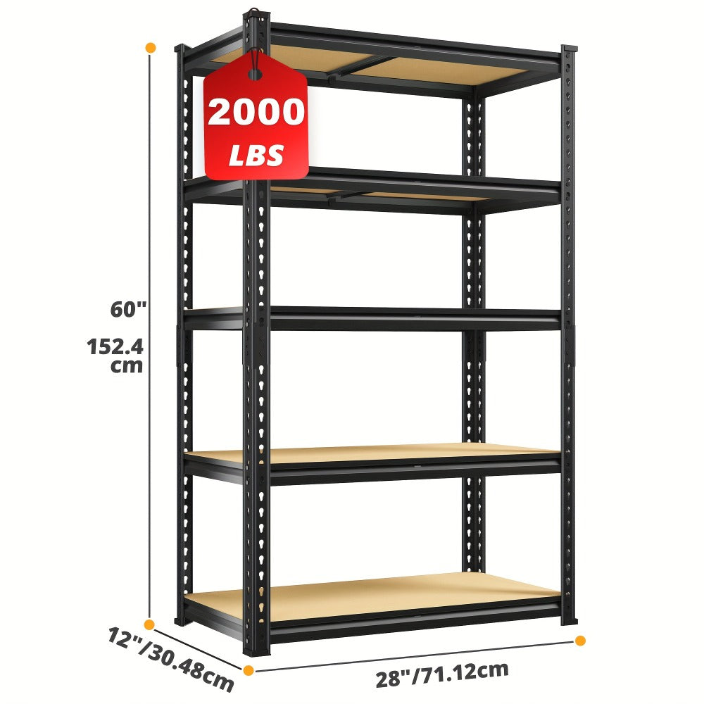 5-Tier Heavy Duty Garage Shelving Unit 2000LBS ¨C Metal & Wood Storage Shelves, Adjustable Utility Rack for Garage, Basement, Pantry, Warehouse, Kitchen & Office, Tool-Free Assembly, Black