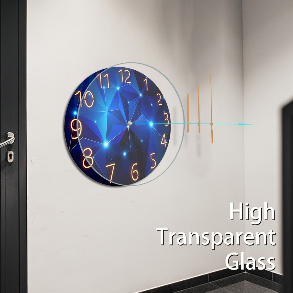 Modern Blue Glass Wall Clock Silent Non-Ticking Quartz Movement Battery Operated Tempered Glass Large Wall Clock for Living Room Bedroom Office Home Decor Gift