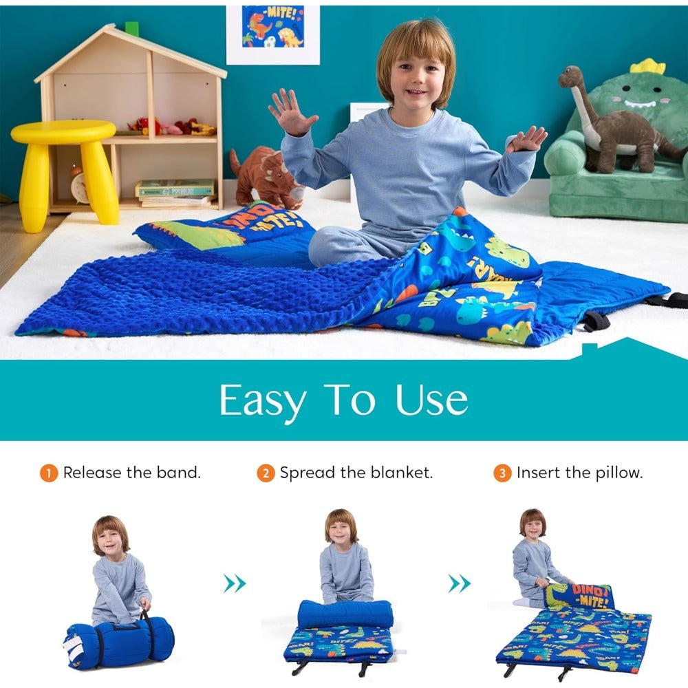 Kids Nap Mat with Removable Pillow & Minky Blanket - Soft Roll-Up Sleeping Bag for Boys Girls, Blue Dinosaur Design, Preschool Kindergarten Daycare Sleepover, Ages 3+, 55''x30''