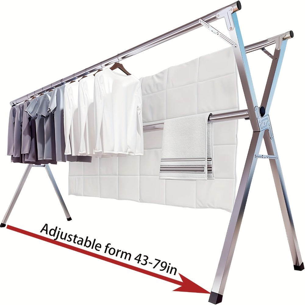 Foldable Clothes Drying Rack 3-Bar ¨C Heavy Duty Stainless Steel Collapsible Laundry Rack, Retractable 63¡± or 79¡± for Indoor & Outdoor Use ¨C Freestanding Portable Clothesline Drying Rack