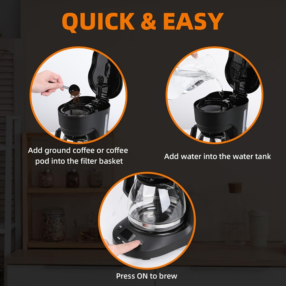 Drip Coffee Maker 5 Cup 24H Delay Brew 2H Keep Warm Pause and Serve Reusable Filter Glass Pot LED Display Auto Shut-Off Portable Coffee Machine for Office Travel