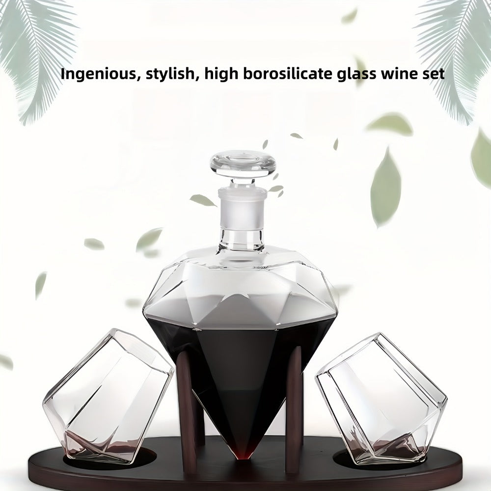 Whiskey Decanter Set with 2 Diamond Glasses & Wooden Rack | Brick Stone Design ¨C Bourbon Rum Vodka Tequila Gift Set for Men Home Bar