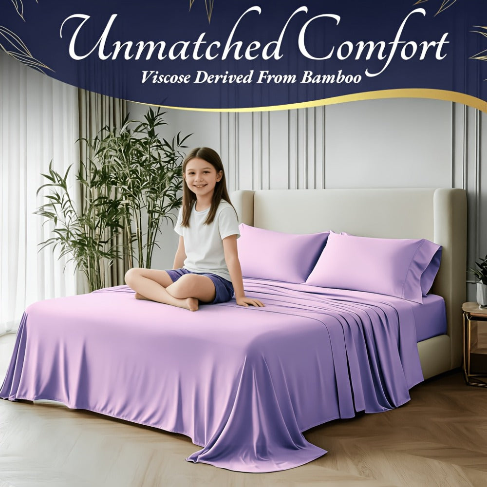 Bamboo Cooling Bedding Set 4pcs - Deep Pocket Fitted Sheet, Flat Sheet & Pillowcases for Hot Sleepers, Breathable Soft Viscose Sheets Twin Full Queen King