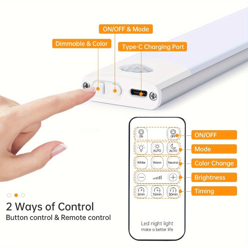Motion Sensor Cabinet Light LED Under Cabinet Lights USB Rechargeable 3 Color Dimmable with Remote Control Magnetic Wireless Night Light for Kitchen Closet Wardrobe Cupboard Stairs Shelf 2 Pack
