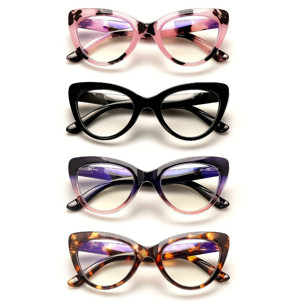 Cat Eye Reading Glasses 4 Pack Women Blue Light Blocking ¨C Leopard Print Gradient Stylish Frames, Spring Hinges, Computer Readers for All Face Shapes, Multiple Magnification Strengths