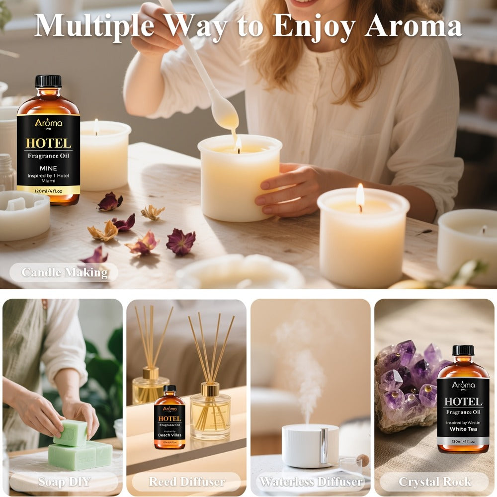 Hotel Fragrance Oil 4oz ¨C Luxury Resort Scents for Diffuser, Candle, Humidifier & Car | M Way, White Tea, Carlton, Beach Villas