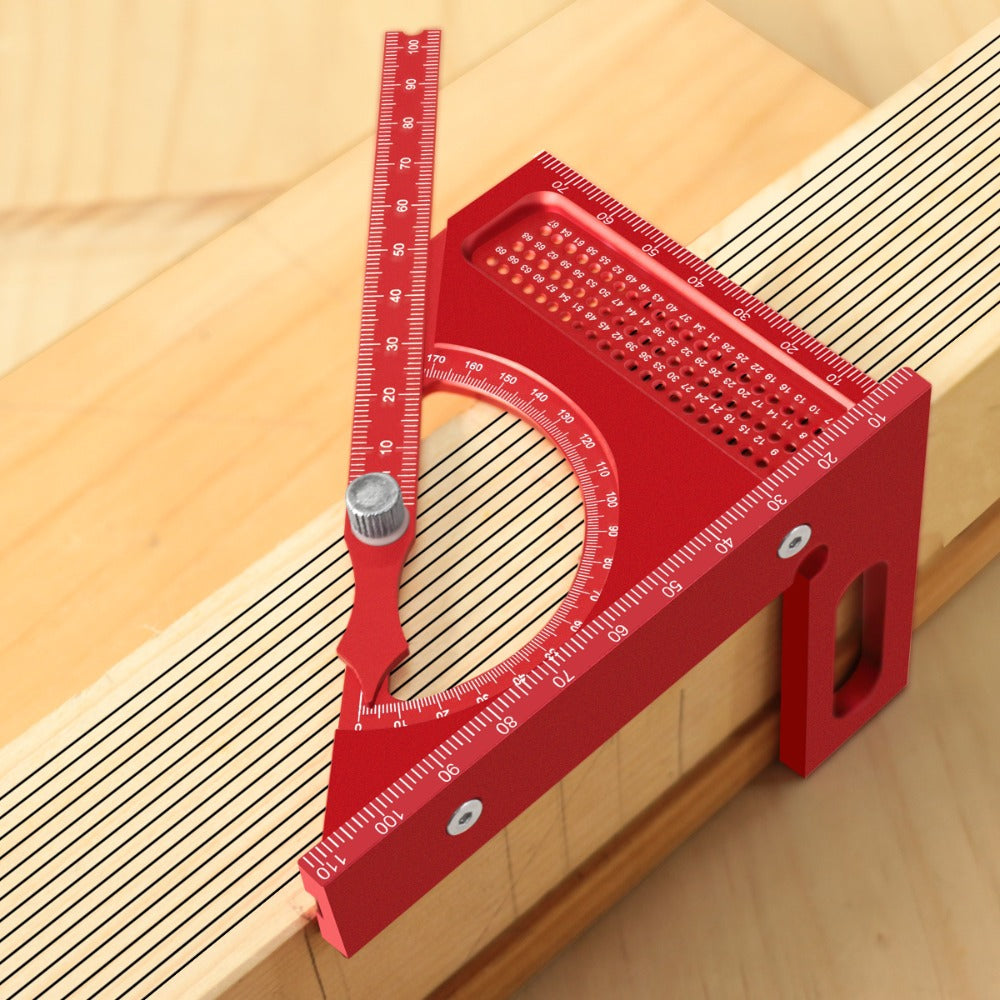Adjustable 3D Carpentry Square Set 180¡ã Rotating Aluminum Alloy Triangle Ruler T-Square with Scribing Holes Red Black Markings Woodworking Measurement Tool
