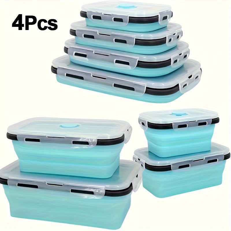Foldable Meal Prep Containers Set of 4 - Airtight Lids, 4 Sizes, Microwave Dishwasher Refrigerator Safe, Stackable Food Storage for Lunch, Meal Prep, RV, Outdoor Snacks - Green, Red, Blue