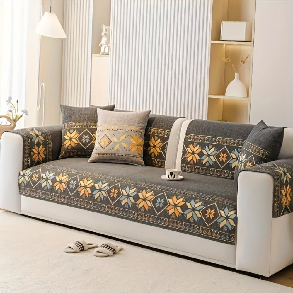 Chenille Sofa Slipcover 1pc Boho Vintage Style - Luxury Non-Slip Removable Four Seasons Universal Couch Cover | Armrest 1 2 3 4 Seater | Dark Gray Light Gray Blue | Living Room Home Decor