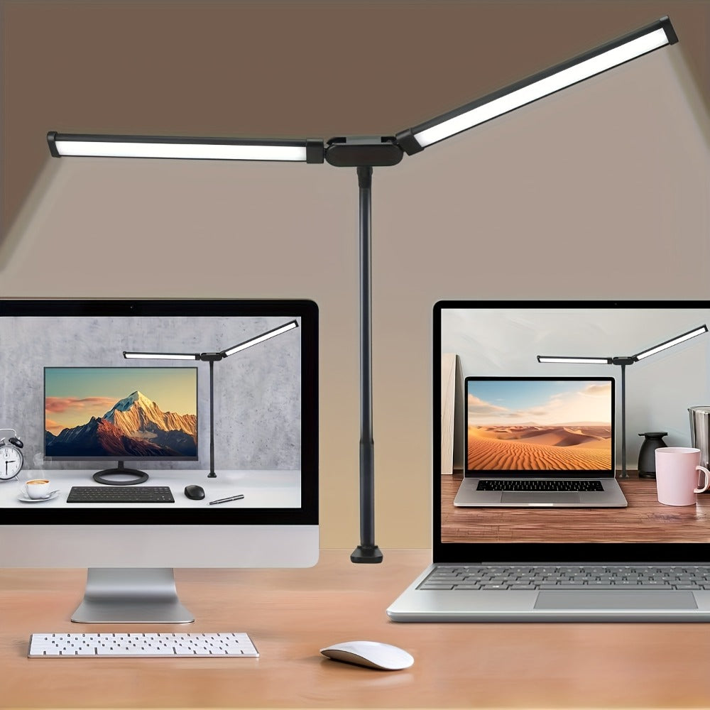 Dual Head LED Desk Lamp Touch Control 3 Color Modes 10 Brightness Levels Flexible Gooseneck Eye Care 13W USB Powered Base and Clip for Home Office Study PC Gaming Black