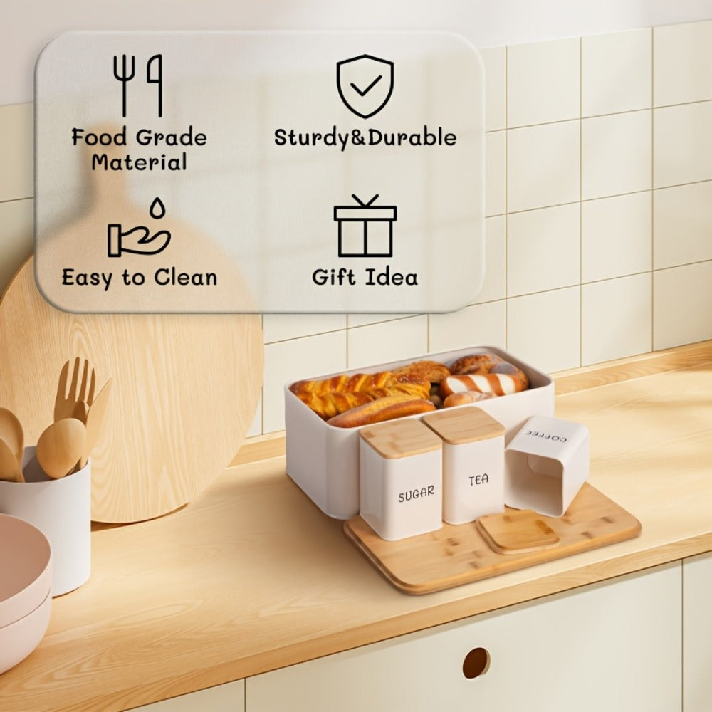 Bread Box with 3 Jars Set for Kitchen Countertop ¨C Metal Bread Box with Bamboo Board Cover, Coffee Sugar Tea Canisters, Large Capacity Farmhouse Food Storage Organizer