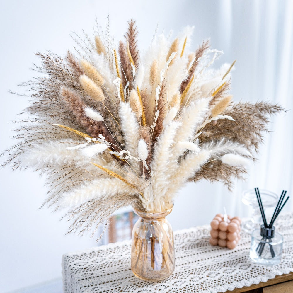 Natural Pampas Grass Decor Bouquet 105/120pcs Boho Dried Floral Arrangement - Centerpiece Table Decor for Wedding Living Room Rustic Boho Home Decoration Vase Filler