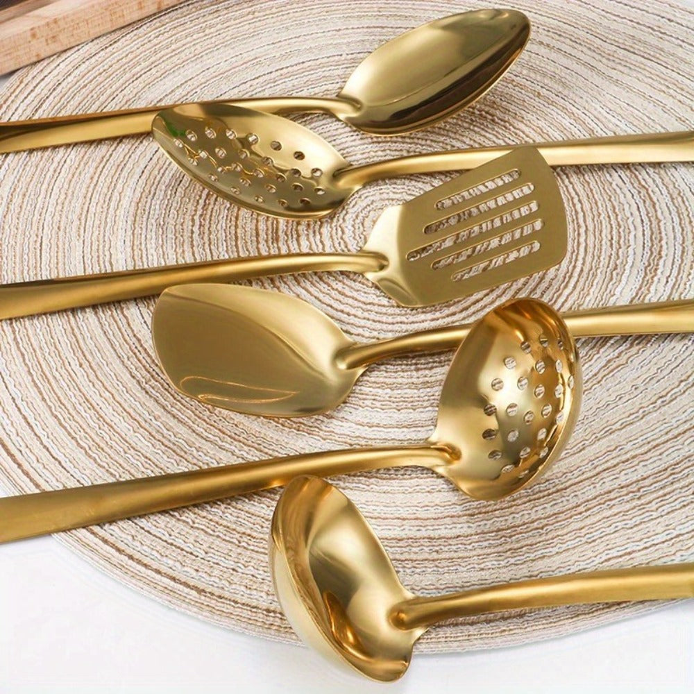 6 Piece Korean Style Stainless Steel Kitchen Utensil Set Cooking Spoons Spatula Ladle Strainer Hot Pot Clips for Cooking Buffet Restaurant