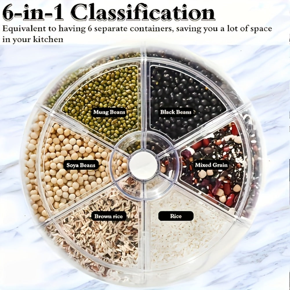 Rice Dispenser 360 Rotating 6 Compartment Grain Storage Container - Airtight Moisture Proof with Transparent Window, Food Grade PP, Large Capacity for Rice Cereal Flour and Pet Food, Medium 13lb or Large 22lb