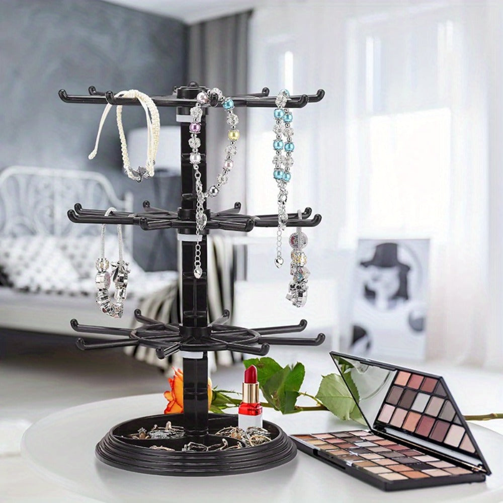 Rotating Jewelry Stand 2-Tier Black ¨C Necklace Bracelet Earring Organizer Display Rack, Plastic Hanging Jewelry Tower for Dressing Table Counter, Keychain Holder, No Electricity Needed