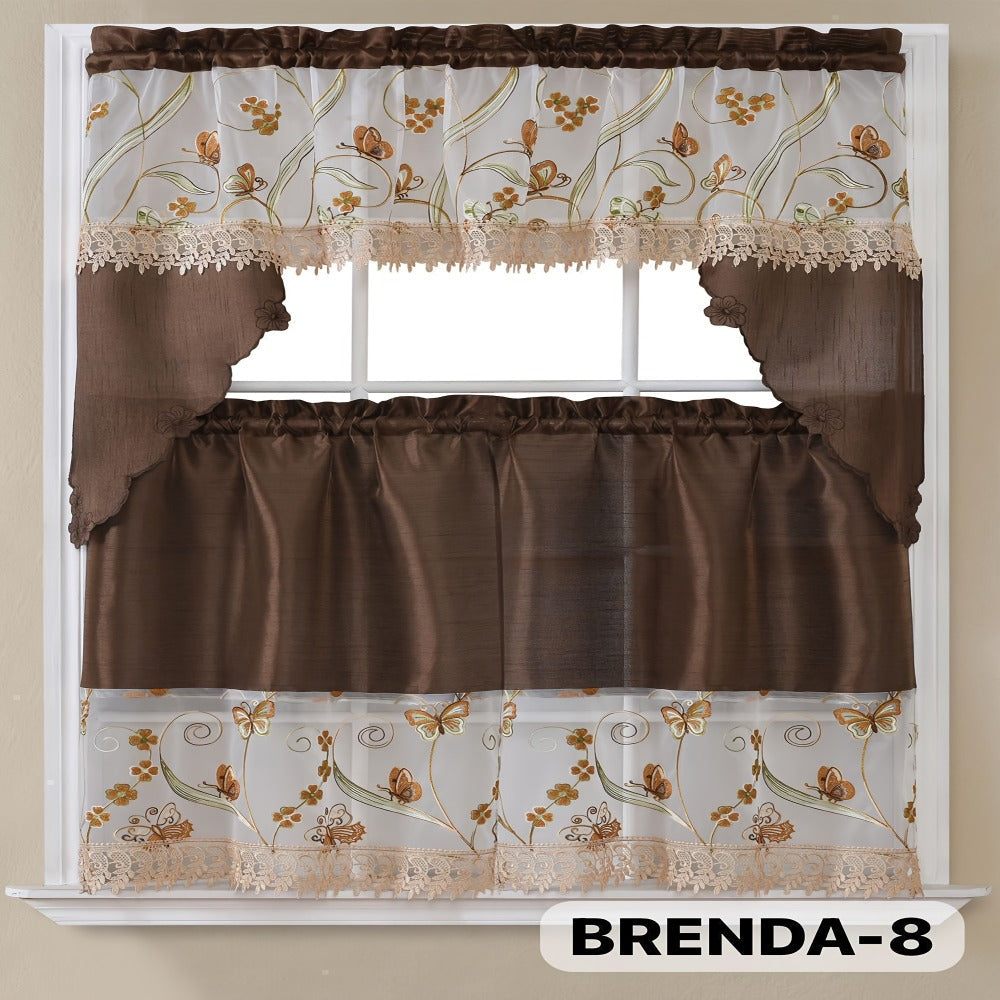 Kitchen Curtains 3 Piece Set Embroidered Satin Valance and Tiers - Rod Pocket Light Filtering Machine Washable 46 Colors Available All Season Home Decor