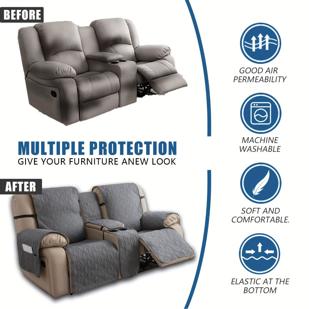 Recliner Loveseat Cover 4 Piece Set Waterproof Split Dual Recliner Sofa Slipcover with Center Console Cover & Straps - Pet Friendly Furniture Protector, Knit Polyester, 8 Colors, Black Grey Beige Navy