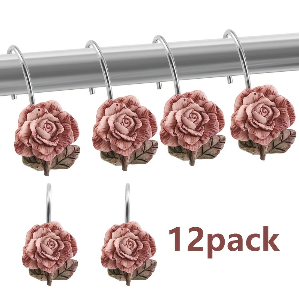 Shower Curtain Hooks Rose Resin - 12pcs Rustproof Cast Iron Floral Bathroom Hooks, Heavy Duty Metal Rings for Curtain Rod, Decorative Bath Accessories