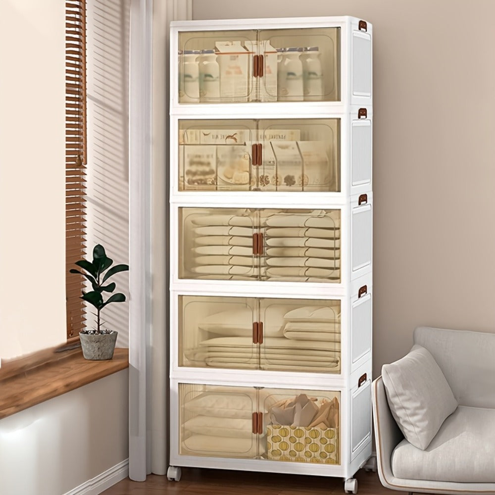 Stackable Storage Cabinet with Doors and Wheels | Collapsible Plastic Locker 1-5 Layers Large Capacity Home Organization for Bedroom Living Room Kitchen Easy Assembly Space Saving