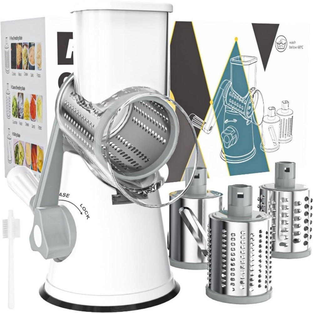 Rotary Cheese Grater with Hand Crank ¨C 3 Interchangeable Blades for Cheese, Vegetables & Nuts, Non-Slip Suction Base, Includes Cleaning Brush ¨C Manual Cheese Shredder for Kitchen (6 Colors)