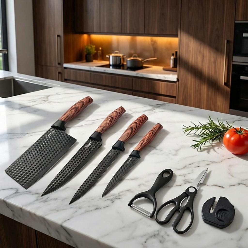 Chef Knife Set 7 Piece High Carbon Stainless Steel Ultra Sharp ¨C Anti-Stick Ergonomic PP Handle, Includes Slicing Knife, Scraper, Scissors & Whetstone, Gift Box for Home, Family & Travel