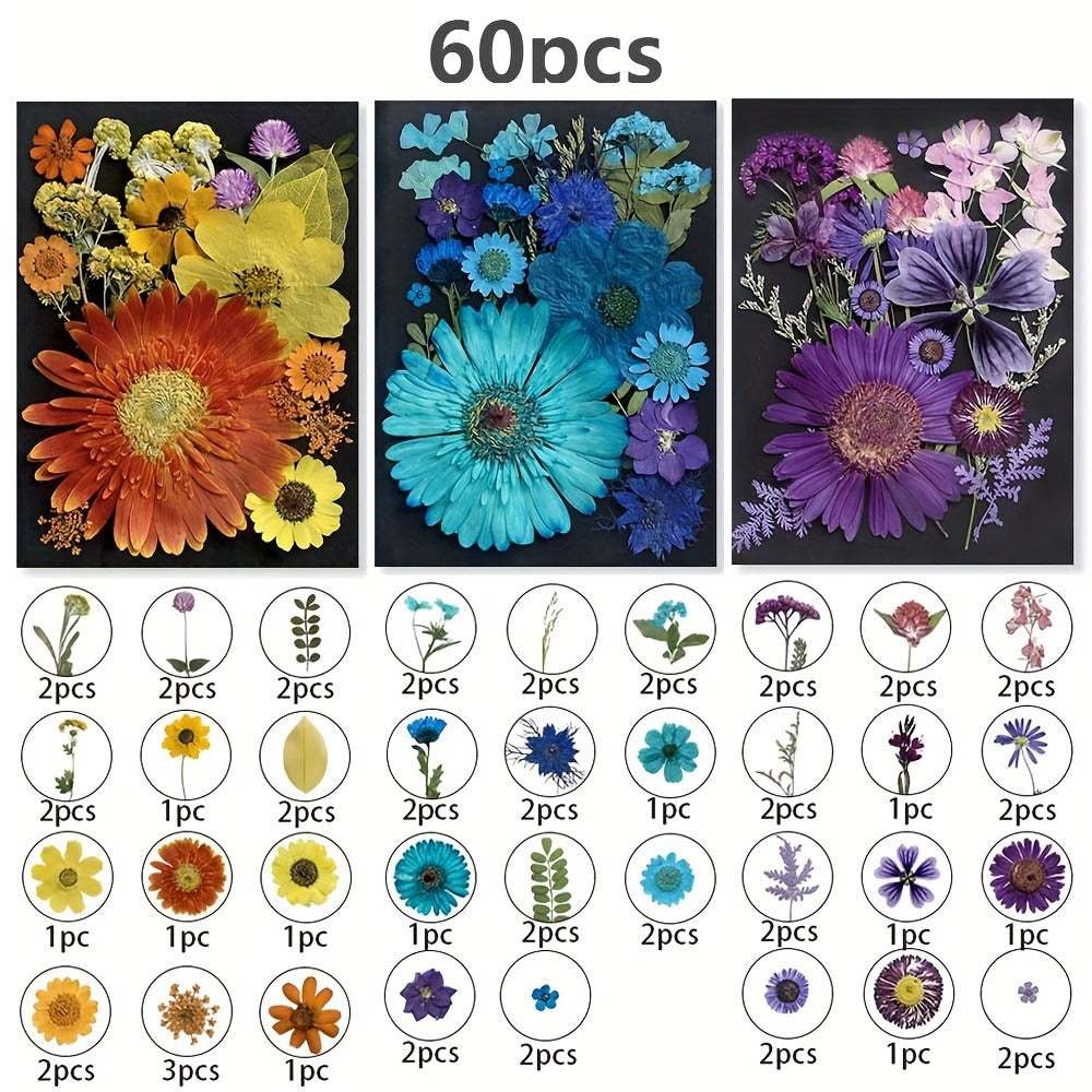 Dried Pressed Flowers for Resin 60pcs Real Pressed Flowers Dry Leaves Bulk Natural Herbs Kit for Scrapbooking DIY Art Crafts, Epoxy Resin Jewelry Molds, Candle Soap Making Nail Decor