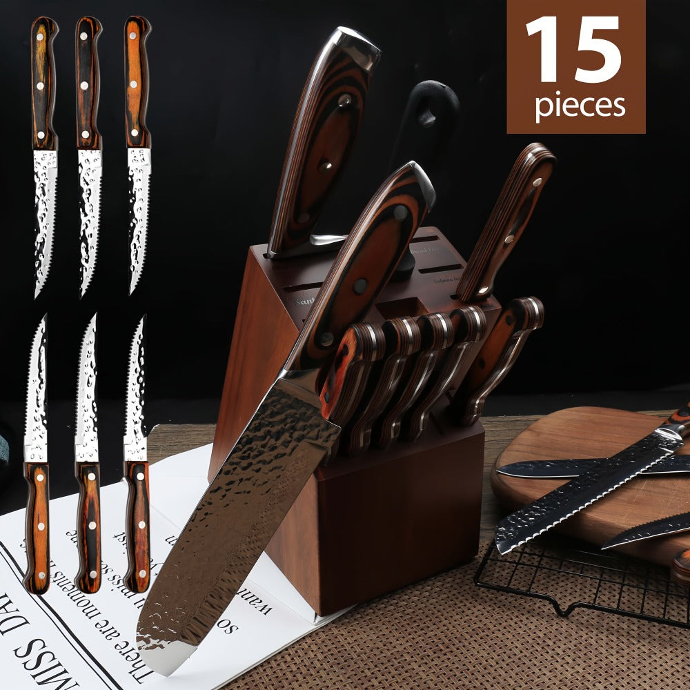Kitchen Knife Set 15-Piece & 20-Piece Professional Chef Knives with Block Sharpener Ultra-Sharp Medium Carbon Stainless Steel Hammered Blade Wooden Handle Dishwasher Safe Gift for Men & Family